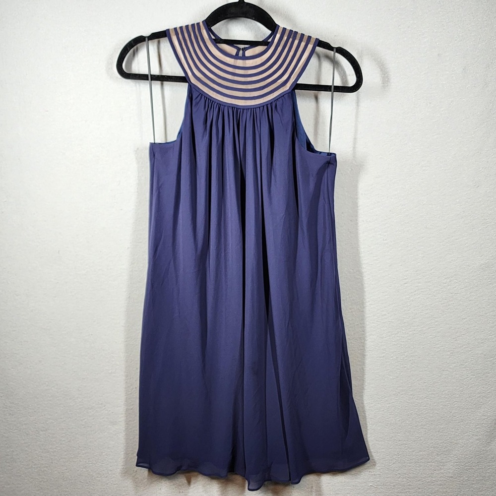 Trina Turk Dress Womens Extra Small Purple Mesh Striped Yoke Sleeveless Shift
